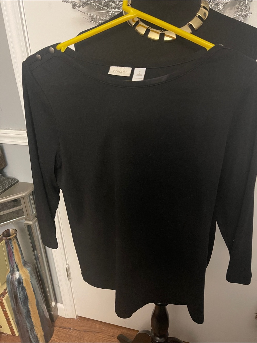 Chico's Black Boatneck Long-Sleeve Top with Shoulder Buttons